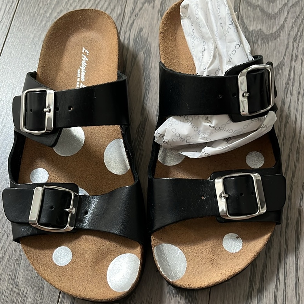 Black Leather Sandals with Silver Accents